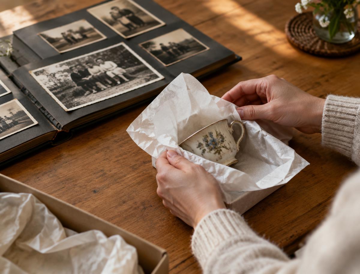 Behutsames Einpacken einer Porzellantasse neben einem Fotoalbum