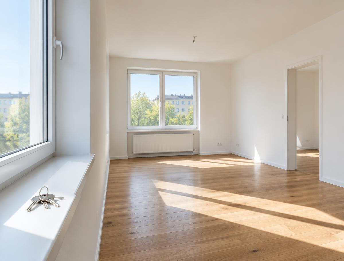 Leere, frisch renovierte Wohnung mit Schlüsseln auf der Fensterbank
